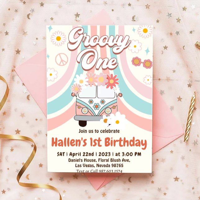 Groovy One Retro Daisy Rainbow First Birthday Invitation (Creator Uploaded)