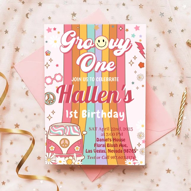 Groovy One Retro Daisy Rainbow First Birthday Invitation (Creator Uploaded)
