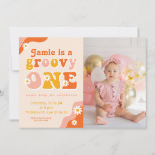 Groovy One Retro First Birthday Photo Invitation