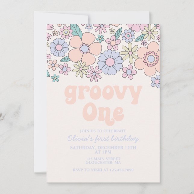 Groovy One Retro Floral 1st birthday Invitation (Front)