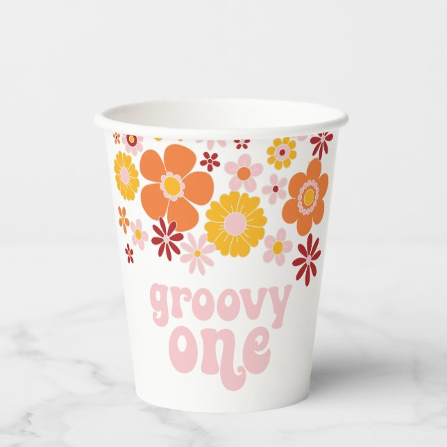 Groovy One Retro Floral Birthday Paper Cups (Front)