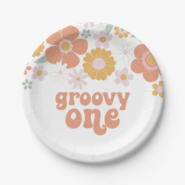 Groovy One Retro Floral birthday Paper Plates (Front)