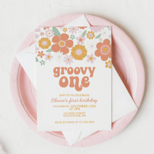 Groovy One Retro Floral first birthday Invitation