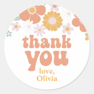Groovy One Retro Floral thank you favour Classic R Round Sticker