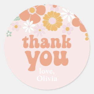 Groovy One Retro Floral thank you favour Classic Round Sticker