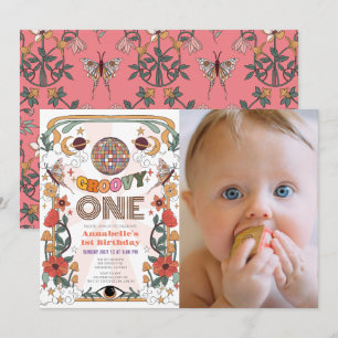 Groovy One Retro Girl Photo 1st Birthday Invitation