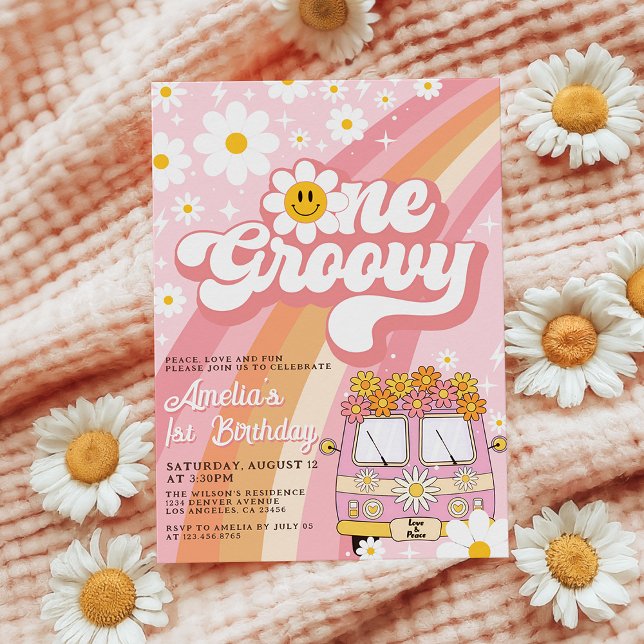Groovy One Retro Pink Daisy 1st Birthday Invitation (Creator Uploaded)