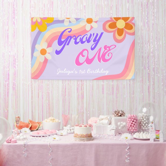 Groovy One Retro Rainbow 1st Birthday  Banner (Party)