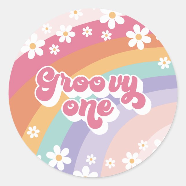 Groovy One Retro Rainbow 1st Birthday Classic Round Sticker (Front)