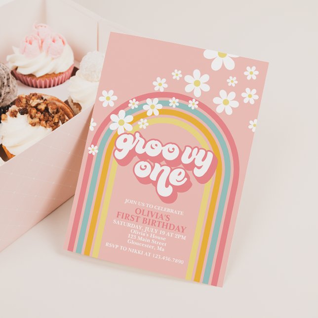 Groovy One  Retro Rainbow 1st Birthday Invitation (Creator Uploaded)