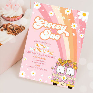 Groovy One Retro Rainbow 1st Birthday Invitation