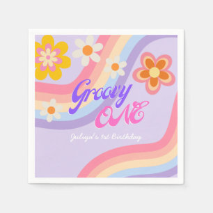 Groovy One Retro Rainbow 1st Birthday  Napkin