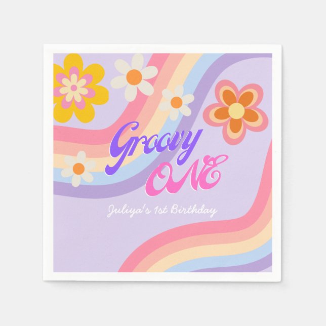 Groovy One Retro Rainbow 1st Birthday  Napkin (Front)