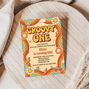 Groovy One Retro Rainbow 1st Birthday Party Invitation