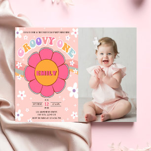 Groovy One Retro Rainbow 1st Birthday Party Photo  Invitation