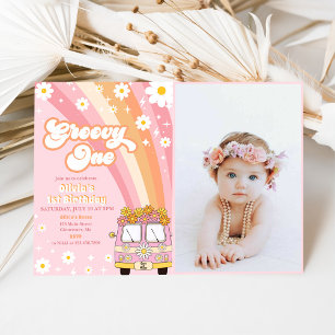 Groovy One Retro Rainbow 1st Birthday Photo Invitation