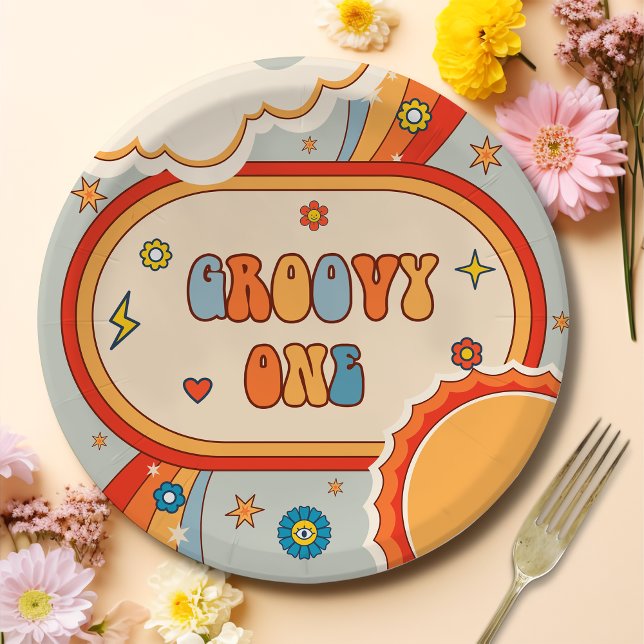 Groovy One Retro Rainbow Birthday Party  Paper Plate (Creator Uploaded)