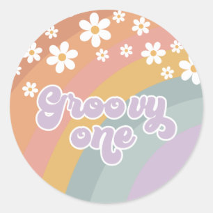 Groovy One Retro Rainbow Classic Round Sticker