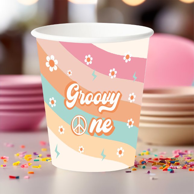 Groovy One Retro Rainbow Daisy Birthday Party  Paper Cups (Creator Uploaded)