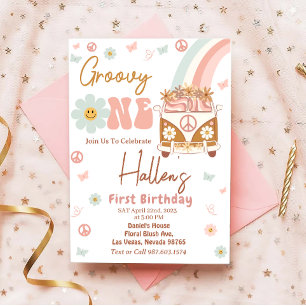 Groovy One Retro Rainbow First Birthday Invitation