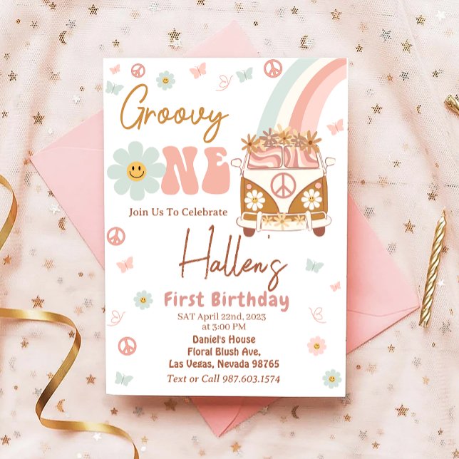 Groovy One Retro Rainbow First Birthday Invitation (Creator Uploaded)