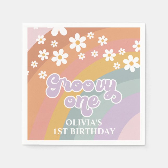 Groovy One Retro Rainbow Napkin (Front)