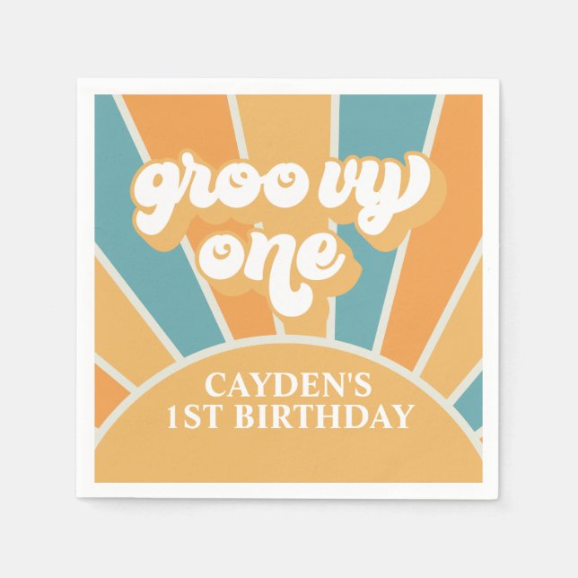 Groovy One Retro Sunshine Boy First Birthday Paper Napkin (Front)