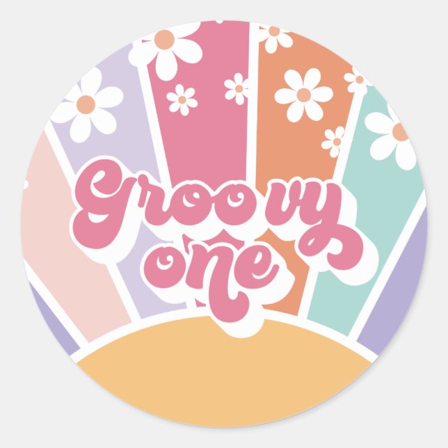 Groovy One Retro Sunshine Rainbow Daisy Classic Round Sticker (Front)