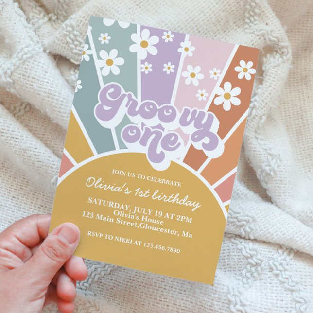 Groovy One Retro Sunshine Rainbow Daisy Invitation (Creator Uploaded)