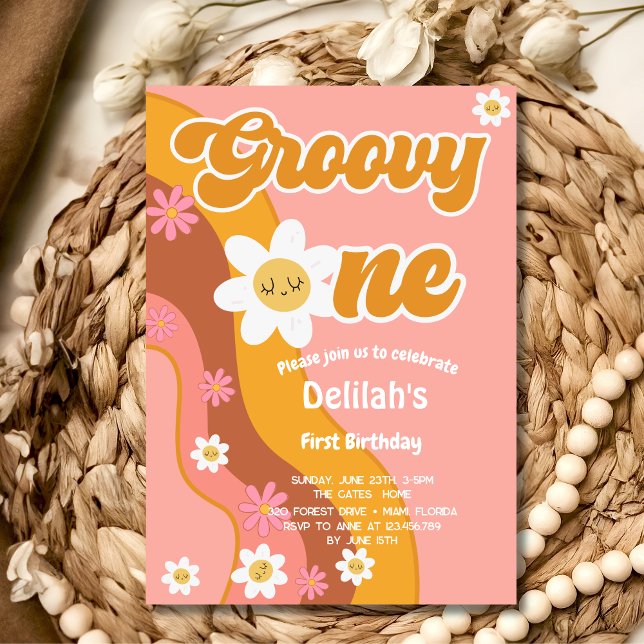 Groovy one retro vintage first birthday invitation (Creator Uploaded)