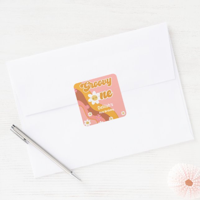 Groovy one retro vintage first birthday square sticker (Envelope)
