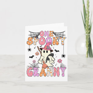Groovy One Spooky Granny Retro Halloween Cute Ghos Card