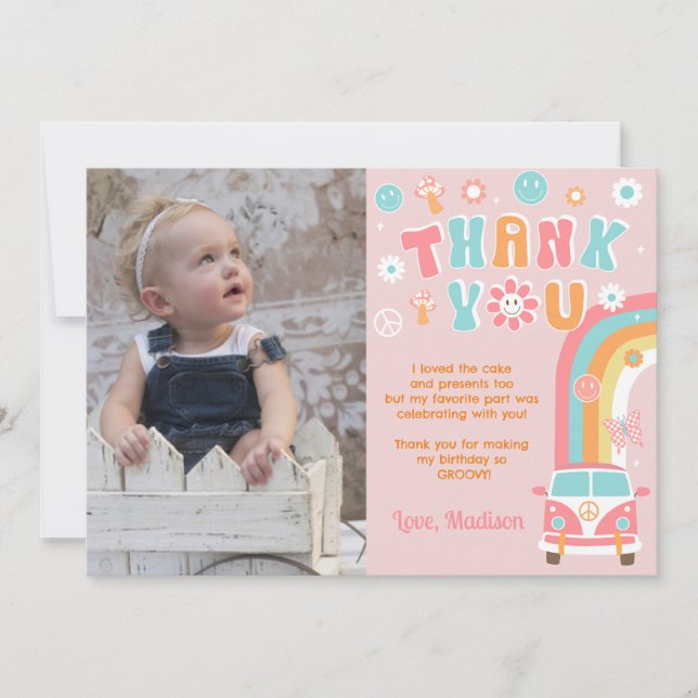 Groovy One Two Retro Birthday Thank you Cards (Front)