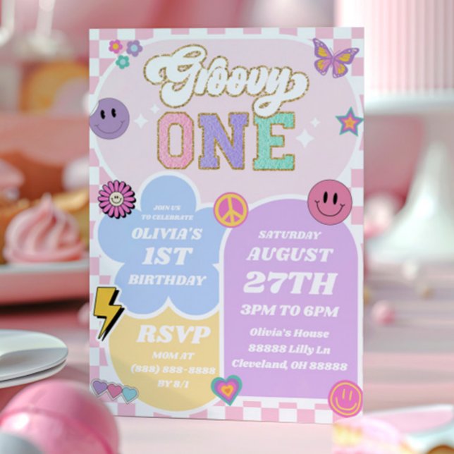 Groovy One Varsity Patch Letter 1st Birthday Party Invitation (Creator Uploaded)