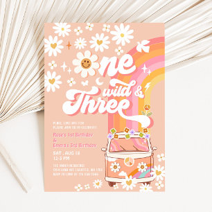Groovy ONE Wild and THREE Daisy Rainbow Birthday Invitation