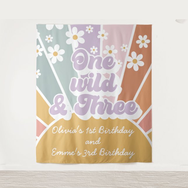 Groovy One Wild Three Retro Sunshine Rainbow Daisy Tapestry (Front)