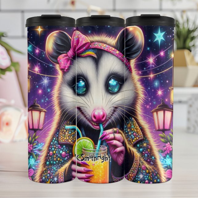 Groovy Opossum Enjoying a Cosmic Drink Thermal Tumbler (Creator Uploaded)