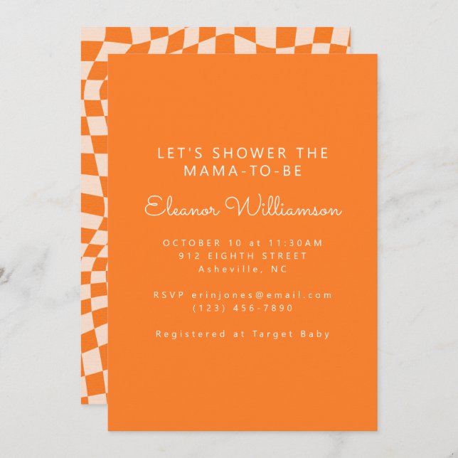 Groovy Orange Abstract Chequerboard Baby Shower Invitation (Front/Back)