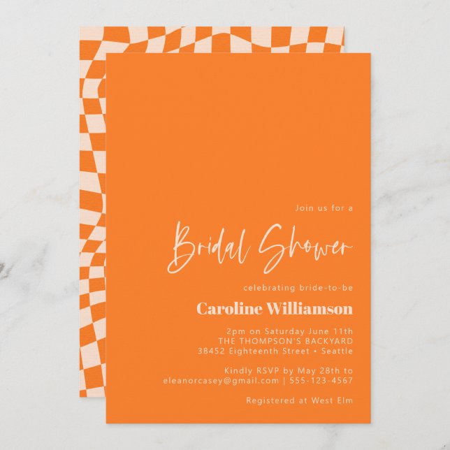 Groovy Orange Abstract Chequerboard Bridal Shower Invitation (Front/Back)