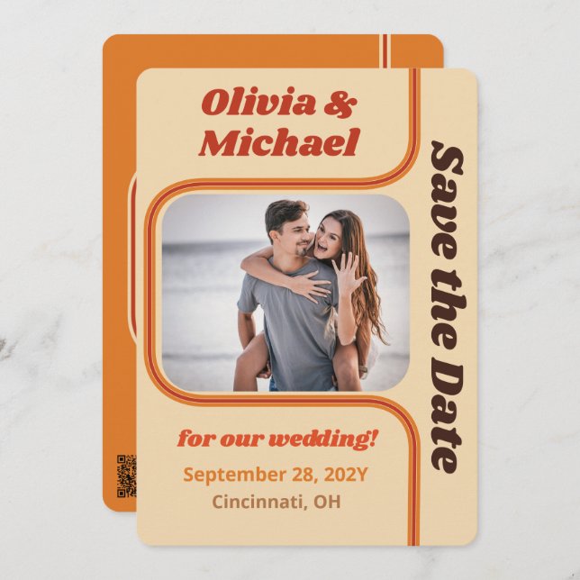 Groovy Orange and Brown Rainbow Curve Photo Save The Date (Front/Back)