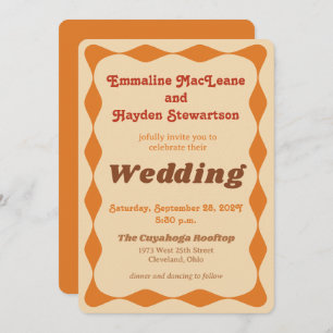 Groovy Orange and Brown Wavy Border Wedding Invitation