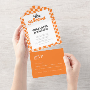 Groovy Orange Chequered Unique Modern Wedding All In One Invitation