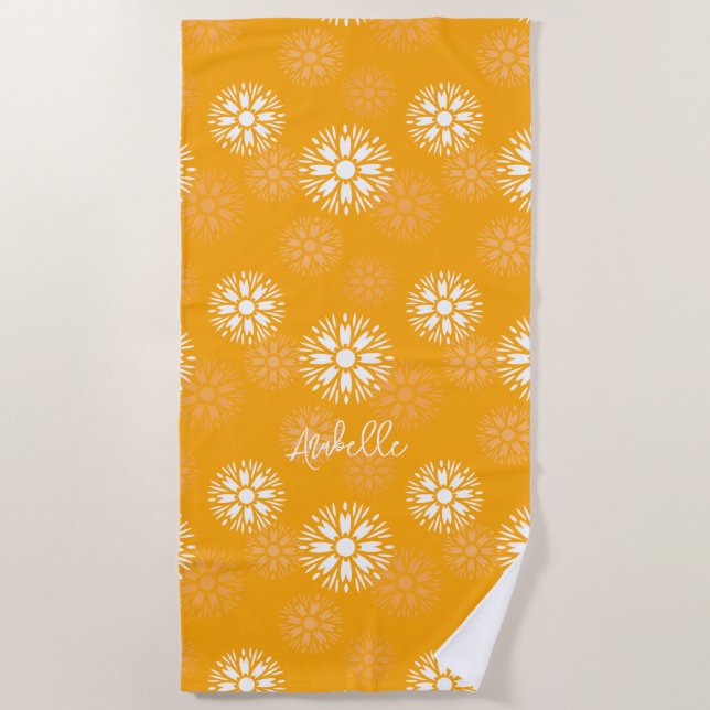 Groovy Orange Daisy Flower Retro Floral Name  Beach Towel (Front)