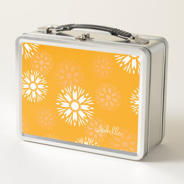 Groovy Orange Daisy Flower Retro Floral Name  Metal Lunch Box (Front)