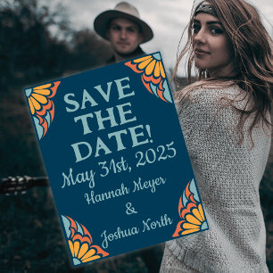 Groovy Orange Flowers on Deep Blue Save-the-Date Postcard
