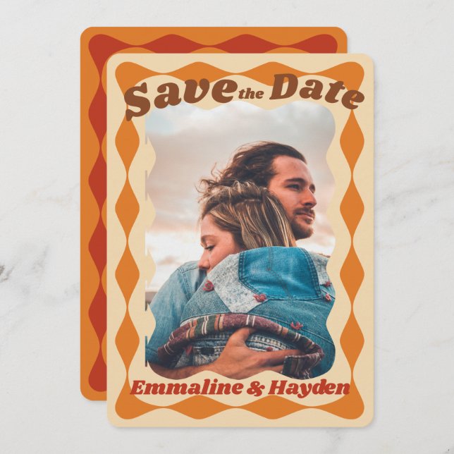 Groovy Orange Wavy Border Photo Wedding Save The Date (Front/Back)