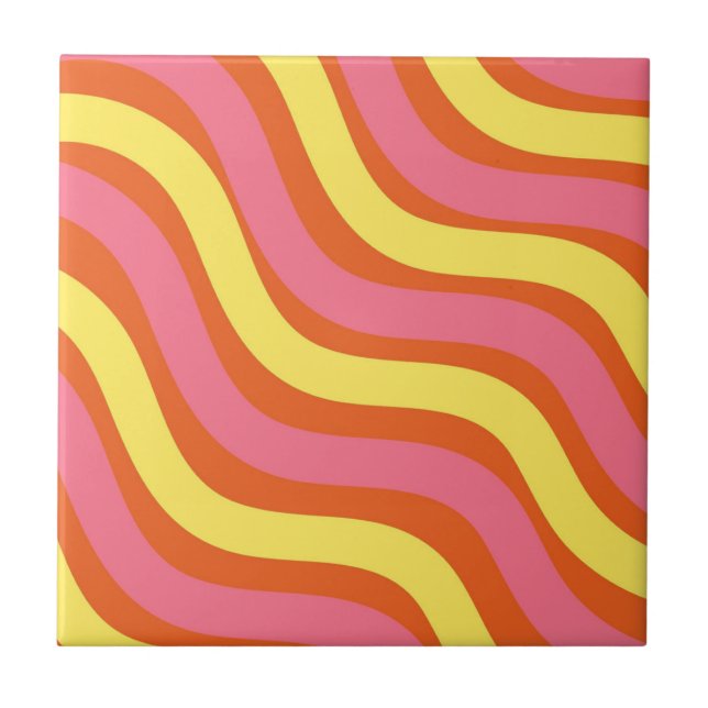 Groovy Orange Yellow Pink Wavy Stripe Modern Home  Tile (Front)