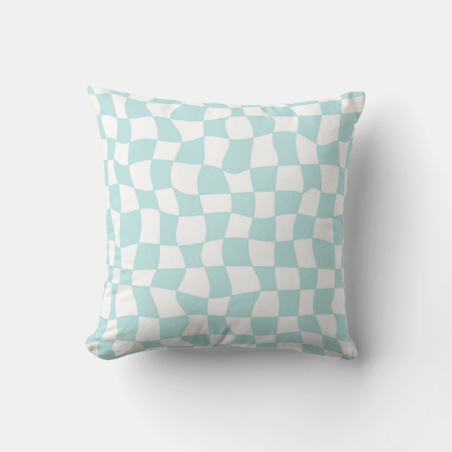 Groovy Pastel Blue White Checks Chequered   Cushion (Front)