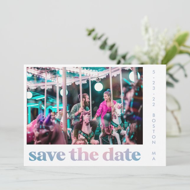 Groovy Pastel Purple Gradient Retro Photo Wedding Save The Date (Standing Front)