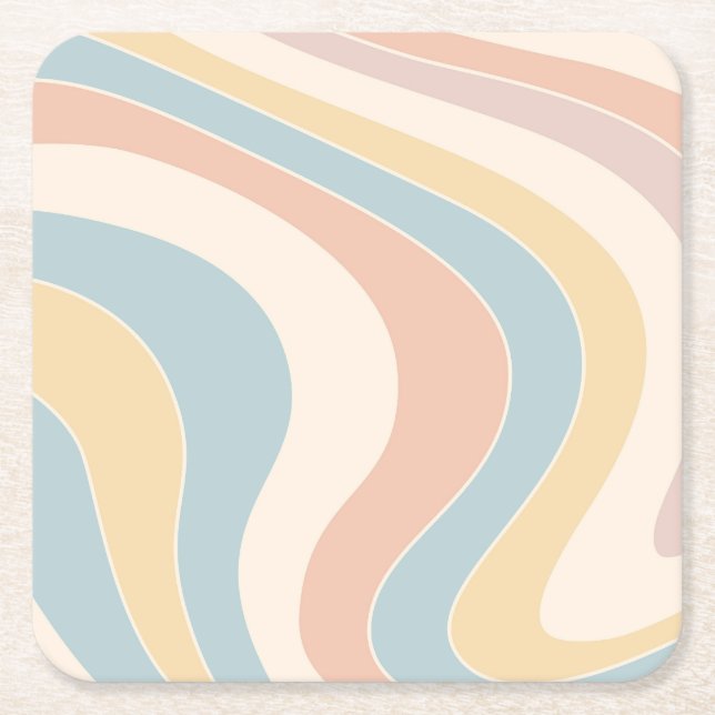 Groovy pastel retro style waves design square paper coaster (Front)